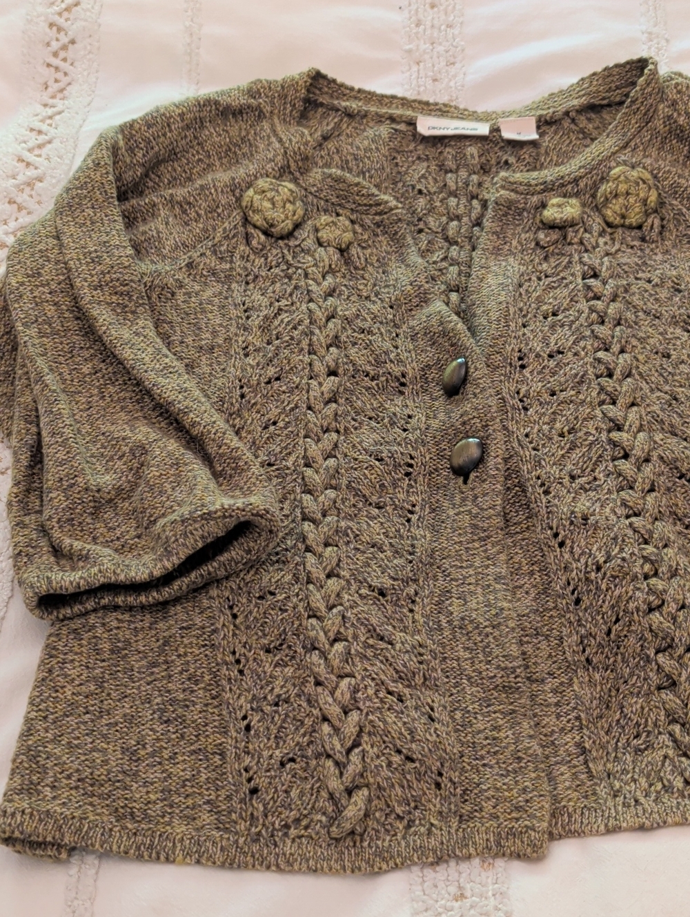 Dkny Olive Green Cable-Knit Button Cardigan